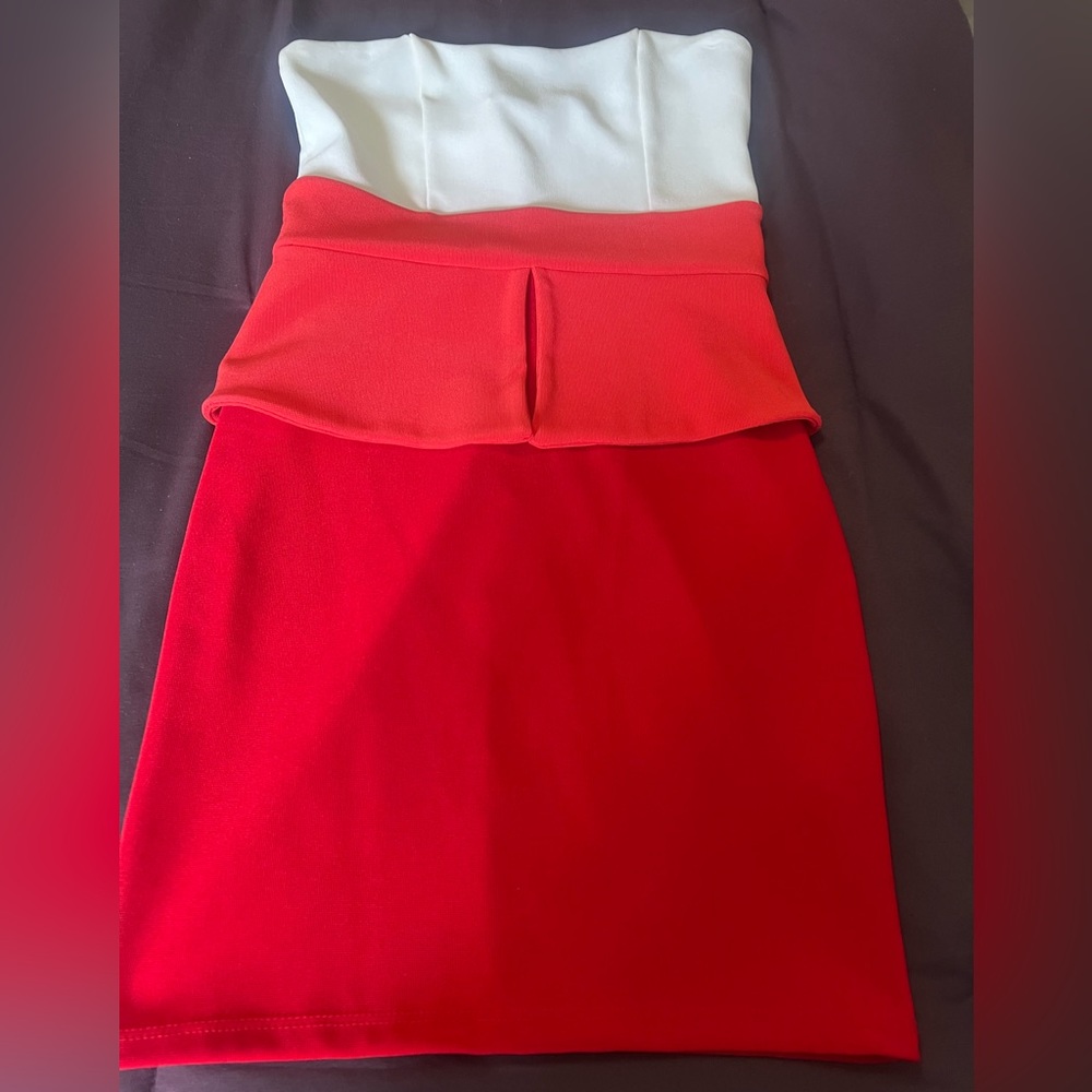 Lightly Used Small Strapless White, Orange, Red Foreign Exchange Peplum dress